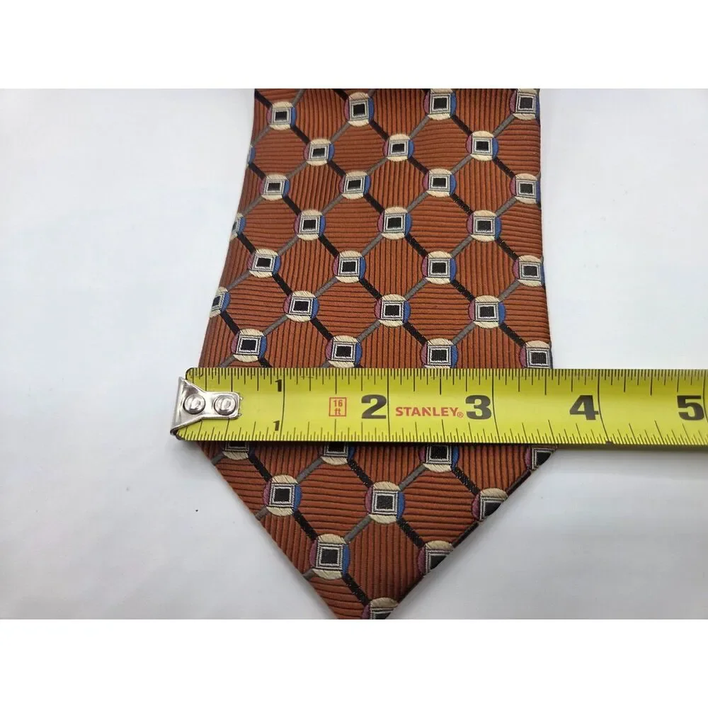 ​Davelle by David Men Silk Tie Rust Orange Geometric Grid Handmade Wide 3.8